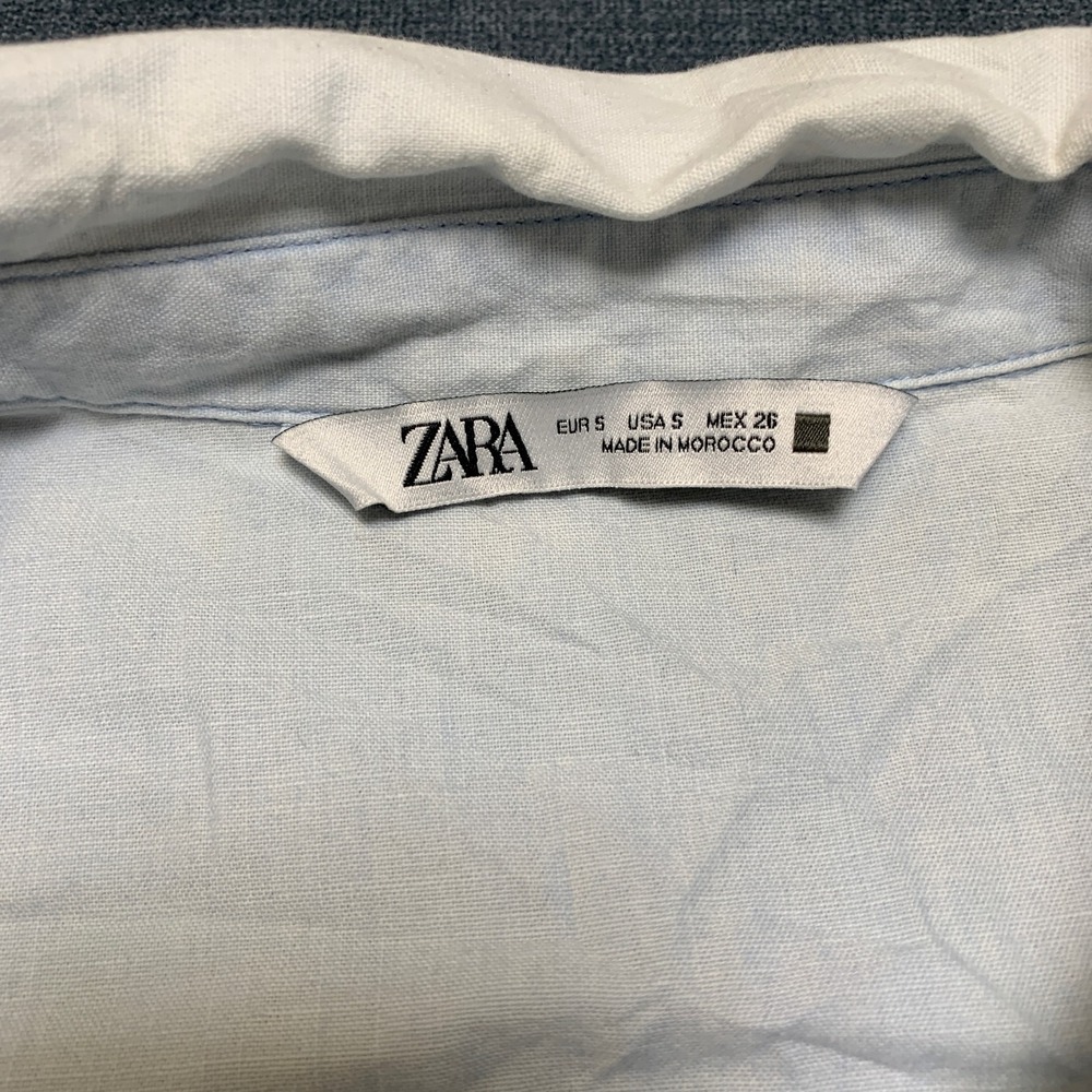 Zara Cropped Shirt Womens Small Light Blue Tie Front Utility Pockets Minimalist - Picture 8 of 16
